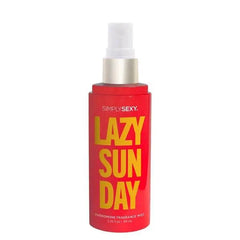Close-up of Lazy Sunday fragrance mist revealing silver pump spray nozzle on red bottle