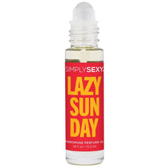 Lazy Sunday pheromone perfume oil in a clear glass roll-on bottle with a white roller ball