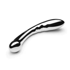 Le Wand Arch stainless steel dildo angled view highlighting tapered tip and smooth finish