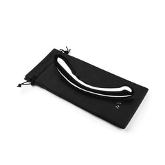 Le Wand Arch stainless steel dildo resting on included black drawstring storage pouch