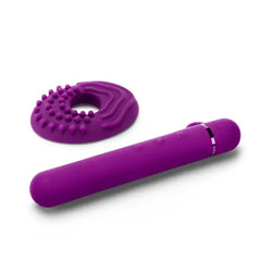 Le Wand Baton beside its textured silicone pleasure ring attachment, purple