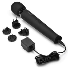 Le Wand black massager with international plug adapters and charging cable included