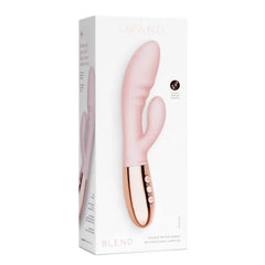 Le Wand Blend double-motor rabbit vibrator in retail packaging with rose gold handle detail