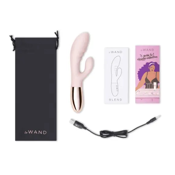 Le Wand Blend rose gold rabbit vibrator with storage bag, USB cable, and guides