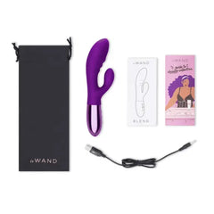 Le Wand Blend unboxed showing vibrator, storage pouch, USB cable, and guides