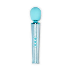 Le Wand blue glitter rechargeable wand massager standing upright, soft silicone head
