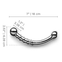 Le Wand Bow dildo with dimension annotations showing 7 inches length and 1.3 inch diameter