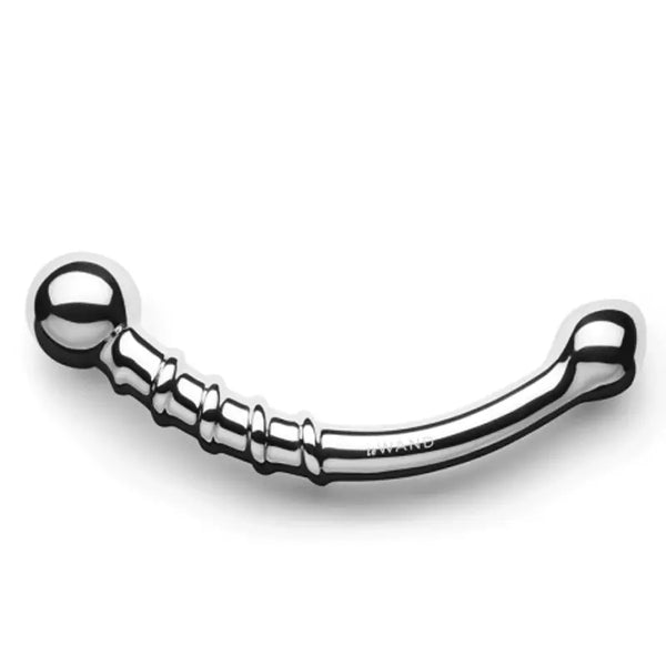 Le Wand Bow stainless steel dildo shown from front, curved arc design with ridged grip section