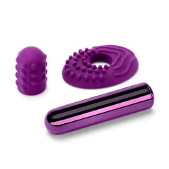 Le Wand Bullet with both included silicone accessories: textured sleeve and stimulation ring