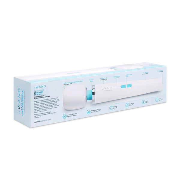 Le Wand Classique Cordless Original packaging back panel with product specs and feature icons