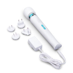 Le Wand Classique wand massager beside universal charging adapter and four interchangeable plugs