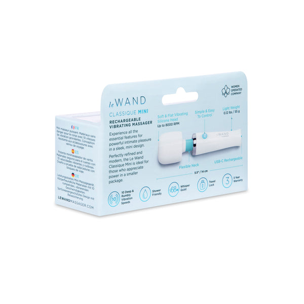 Le Wand Classique Mini packaging back panel listing 10 vibration speeds and flexible neck feature