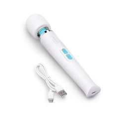 Le Wand Classique Petite wand massager beside its white USB-C charging cable on white background