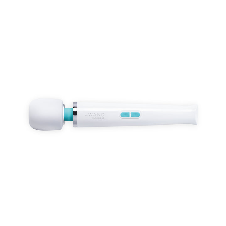 Le Wand Classique white cordless wand massager with teal control buttons, side view