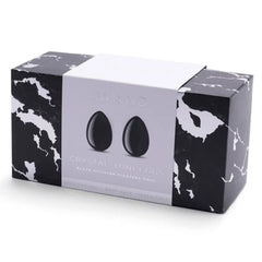 Le Wand Crystal Yoni Eggs black marble-print gift box packaging, front view