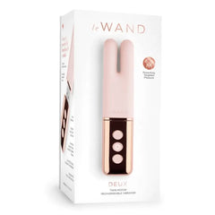 Le Wand Deux twin-motor rechargeable vibrator in blush pink with rose gold handle, in box