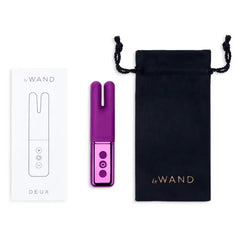 Le Wand Deux unboxed with instruction manual and black drawstring storage pouch included