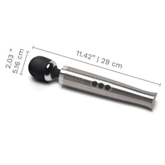 Le Wand Die Cast Massager with dimensions shown: 11.42 inches long, 2.03 inch head