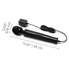 Le Wand Die Cast massager with dimensions shown: 11.42 inches long, 2.03 inch head