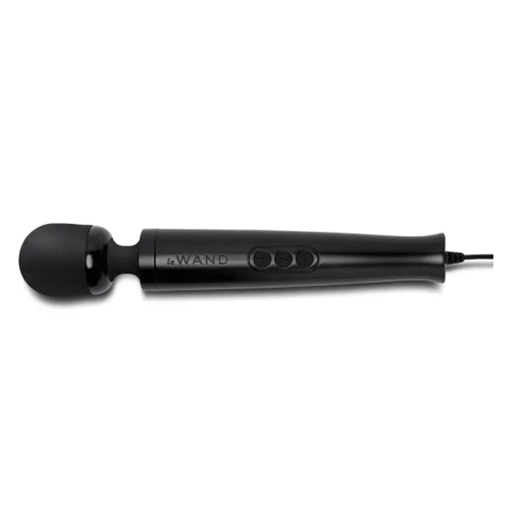 Le Wand Die Cast plug-in wand massager in matte black with rounded silicone head