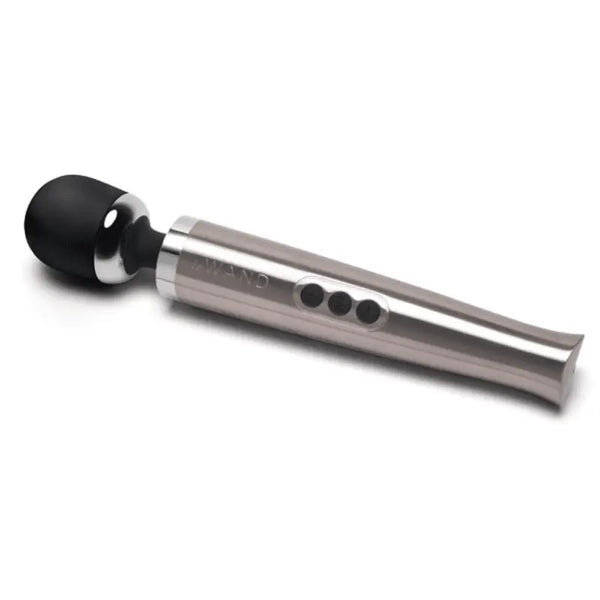 Le Wand Die Cast Rechargeable Vibrating Massager in silver with black silicone head