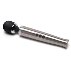 Le Wand Die Cast Rechargeable Vibrating Massager in silver with black silicone head