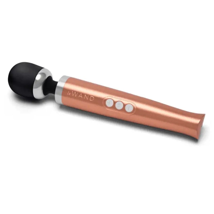 Le Wand Die Cast Vibrating Massager in rose gold with black silicone head and three control buttons