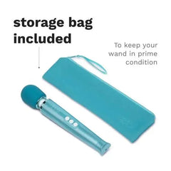 Le Wand Dive wand massager next to its included teal zippered storage bag with wrist strap