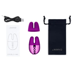 Le Wand Double Vibe complete set with USB cable, ribbed attachment, instruction card, and storage pouch