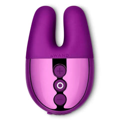 Le Wand Double Vibe dark cherry vibrator, dual-tip silicone head with metallic body and three control buttons