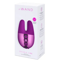 Le Wand Double Vibe packaging box showing twin motor rechargeable vibrator in dark cherry purple