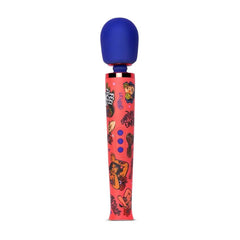 Le Wand Feel My Power wand vibrator upright, showing illustrated coral handle and blue silicone head
