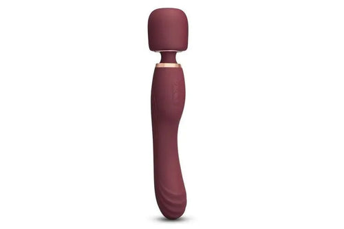 Le Wand Flat Top Fusion G wand vibrator in deep burgundy with rose-gold accent ring