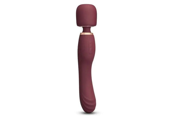 Le Wand Flat Top Fusion G wand vibrator in deep burgundy with rose-gold accent ring