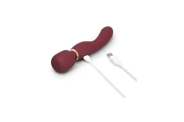 Le Wand Flat Top Fusion G wand vibrator with USB magnetic charging cable alongside