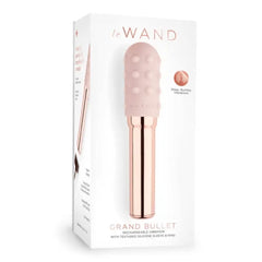 Le Wand Grand Bullet rechargeable vibrator in retail box with deep rumbly vibrations callout