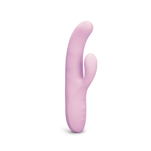 Le Wand Hither rabbit vibrator in soft pink silicone, front hero view showing curved dual-stimulator design
