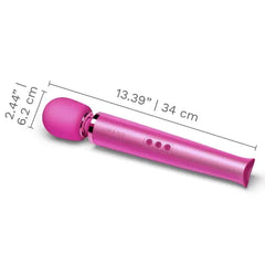 Le Wand massager with dimension labels: 13.39 in length and 2.44 in silicone head width