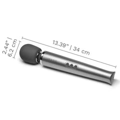 Le Wand massager with dimensions labeled showing 13.39 inches length and 2.44 inch silicone head diameter