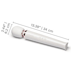 Le Wand massager with dimensions labeled: 13.39 inches long, 2.44 inch silicone head