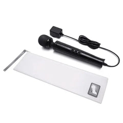 Le Wand massager with power cord and included white storage pouch on white background