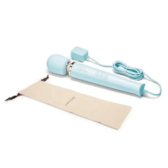 Le Wand wand massager in sky blue shown with power cord and included beige cotton storage pouch