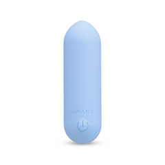 Le Wand Mini Vibe Bullet front view showing power button on smooth blue silicone