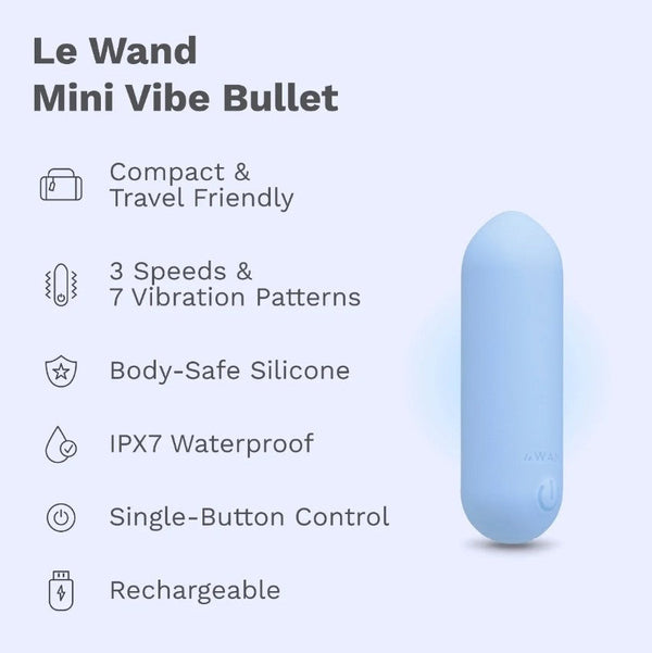 Le Wand Mini Vibe Bullet in soft blue silicone with key features listed