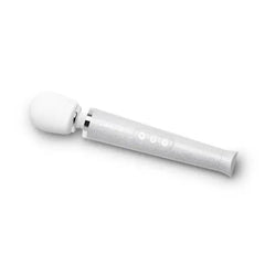 Le Wand Petite All That Glimmers massager at diagonal angle, three control buttons visible