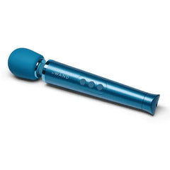 Le Wand Petite Massager in blue anodized aluminum finish showing three control buttons on handle