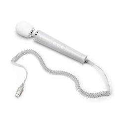 Le Wand Petite massager with coiled USB charging cable attached, full cord length shown