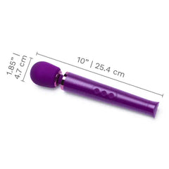 Le Wand Petite massager with dimension labels showing 10 inches length and 1.85 inch head width