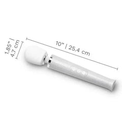 Le Wand Petite wand massager shown with dimensions: 10 inches long, 1.85-inch head