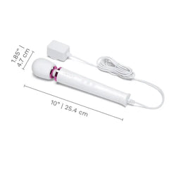 Le Wand Petite massager dimensions shown: 10 inches long, 1.85-inch silicone head diameter